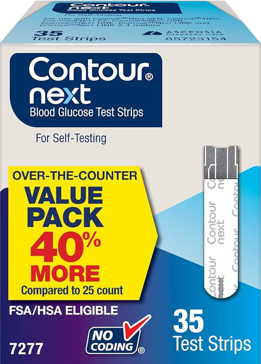 Box of Contour Next blood glucose test strips with promotional text.