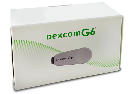 Box of dexcom G6 with a stylized depiction of the device on a white background
