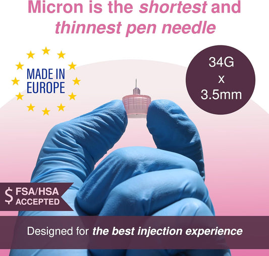 Droplet 34G x 3.5mm micron pen needles, designed for pain-free insulin injections, compatible with all major insulin pens