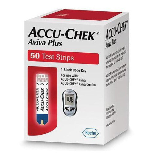 Close-up of Accu-Chek Aviva Plus test strip showing wide-mouth design for easy blood glucose testing