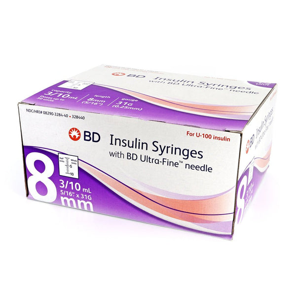 BD Ultra-Fine Short Needle Insulin Syringes 31G 3/10cc 8mm – Box of 100, disposable sterile syringes for accurate and comfortable diabetes insulin injections.