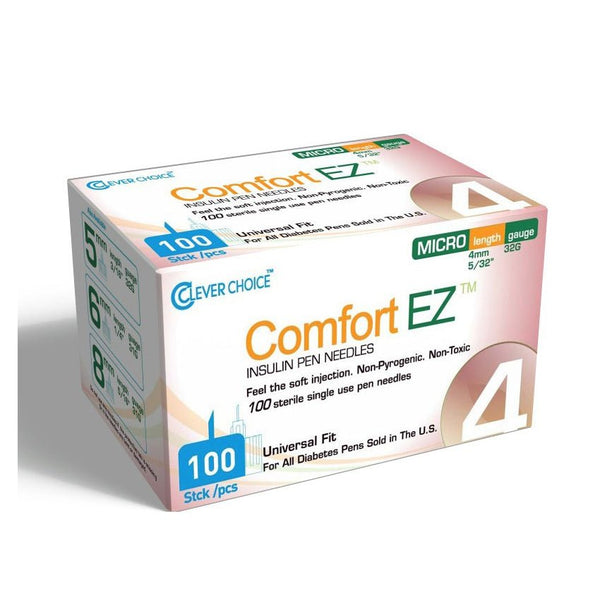 Clever Choice Comfort EZ Select Pen Needles 32G x 4mm, 100-count box, ultra-fine insulin pen needles for pain-free and precise diabetes injections
