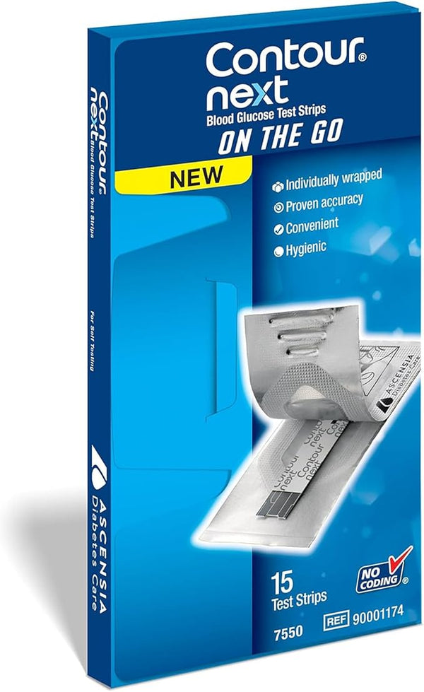 Box of Contour Next blood glucose test strips with blue packaging.