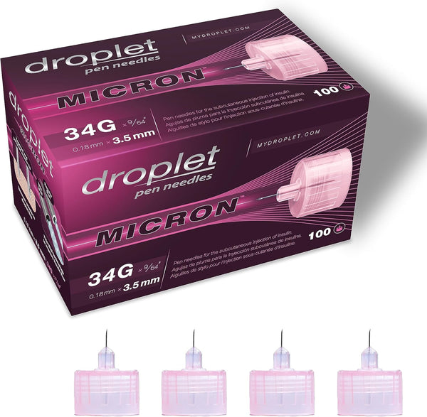 Droplet Micron Pen Needles 34G x 3.5mm, 100-count box, ultra-fine insulin pen needles for comfortable and precise diabetes injections