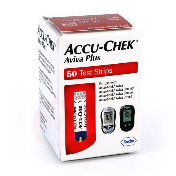 Accu-Chek Aviva Plus 50 Test Strips box, fast and accurate blood glucose monitoring for diabetes management